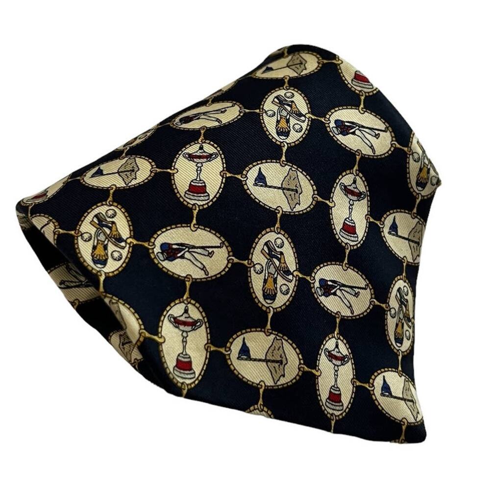 Tommy Hilfiger Two Tone Navy Golf Trophy Flag Logo Crest Silk Tie
